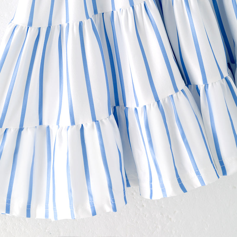 （In Stock）Girls Spring and Summer Blue Stripe Dress