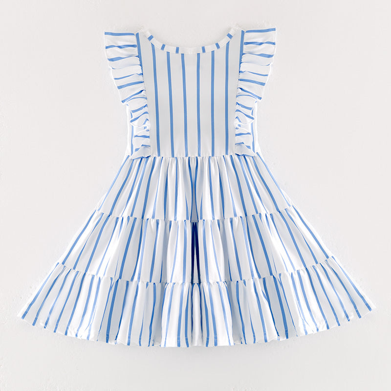 （In Stock）Girls Spring and Summer Blue Stripe Dress