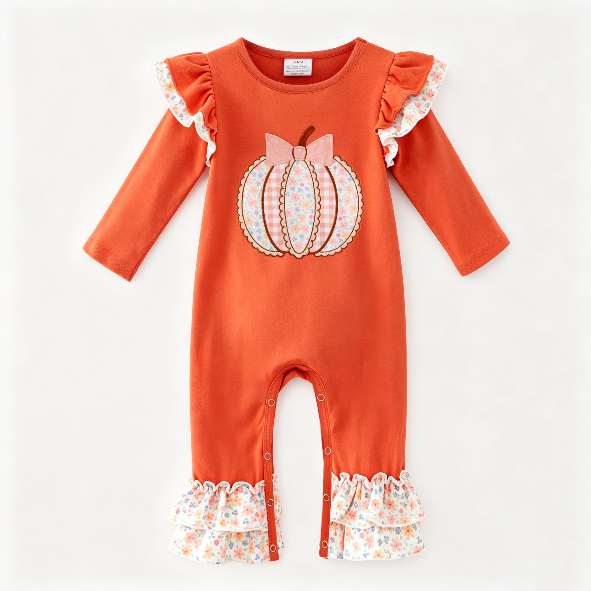 （In Stock）Toddler Girls Fall Pumpkin Applique Ruffle Romper
