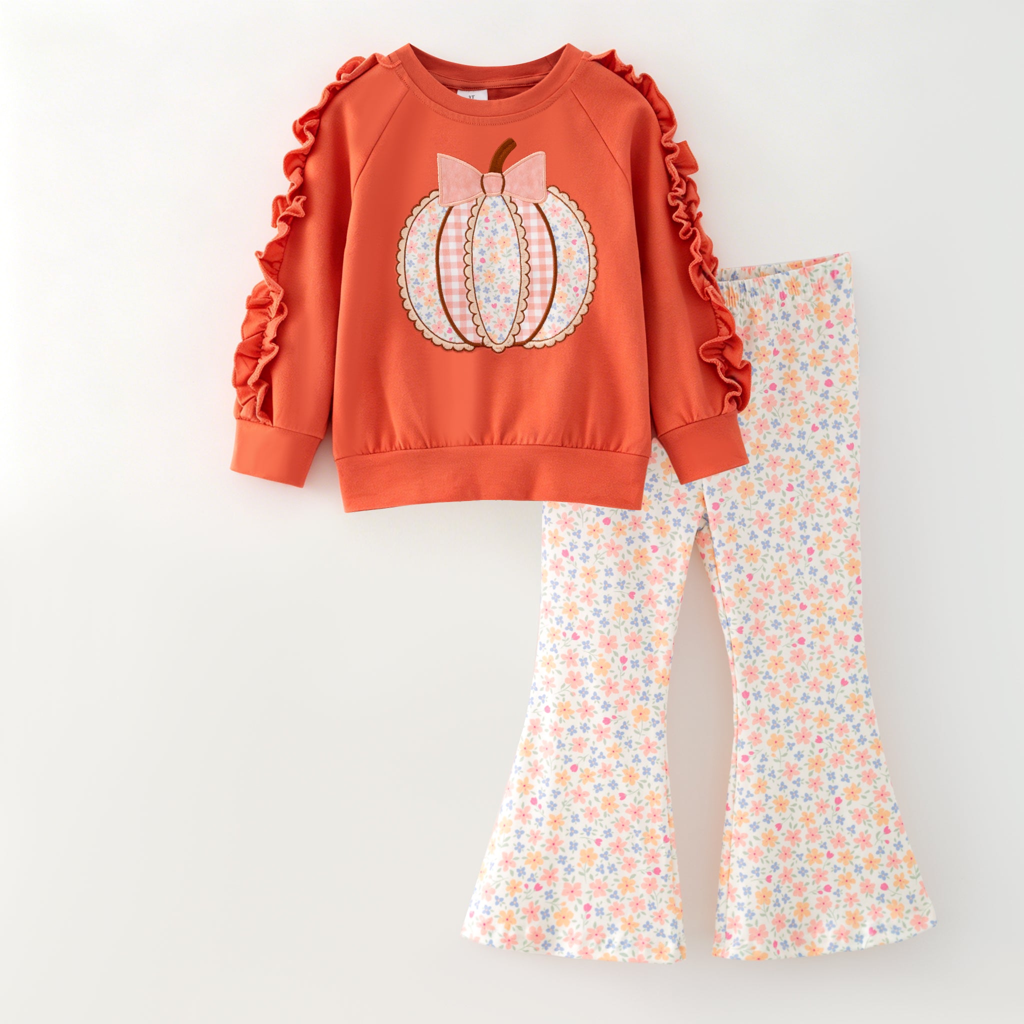 （In Stock）Girls Fall Pumpkin Applique Ruffle Outfit Set