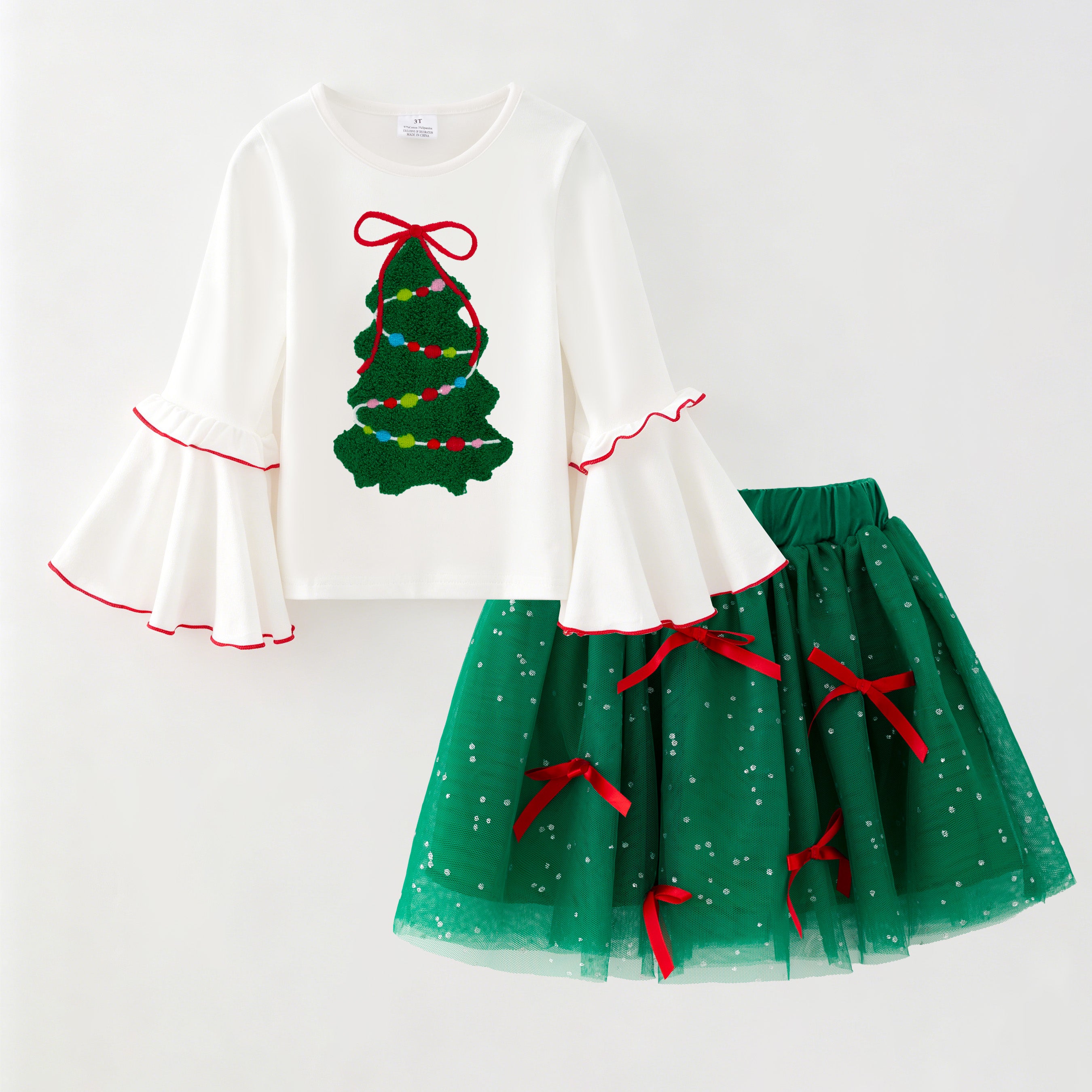 （In Stock）Girls Christmas Tree Chenille Patches Tulle Skirt Set