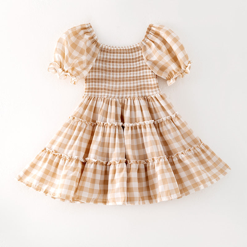 （In Stock）Girls Spring and Summer Khaki Plaid Smocked Dress
