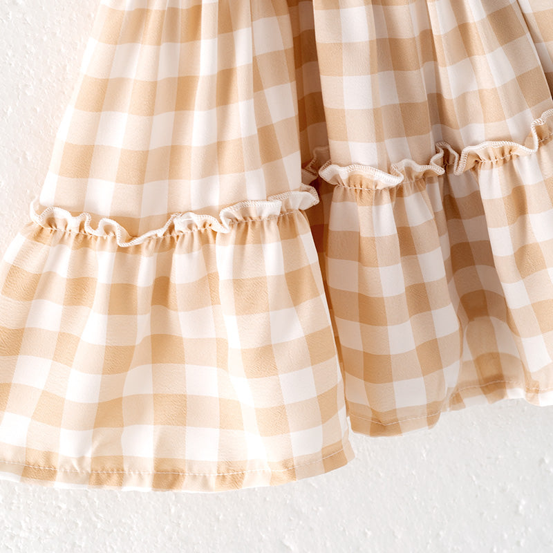 （In Stock）Girls Spring and Summer Khaki Plaid Smocked Dress