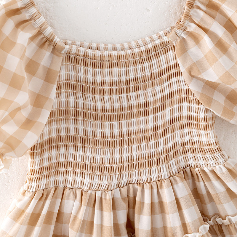 （In Stock）Girls Spring and Summer Khaki Plaid Smocked Dress
