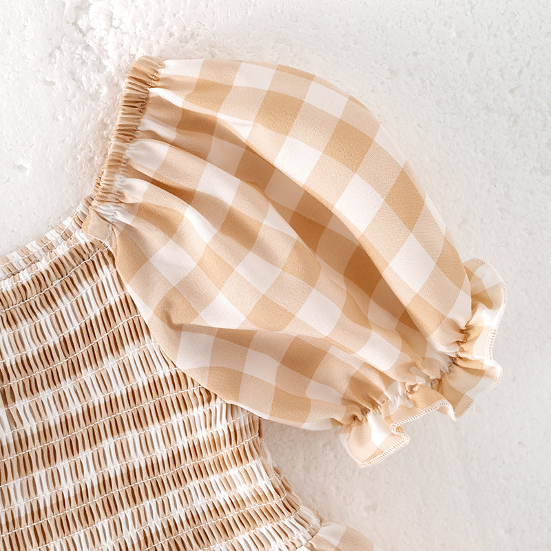 （In Stock）Girls Spring and Summer Khaki Plaid Smocked Dress