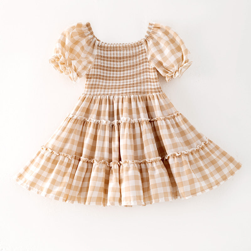 （In Stock）Girls Spring and Summer Khaki Plaid Smocked Dress