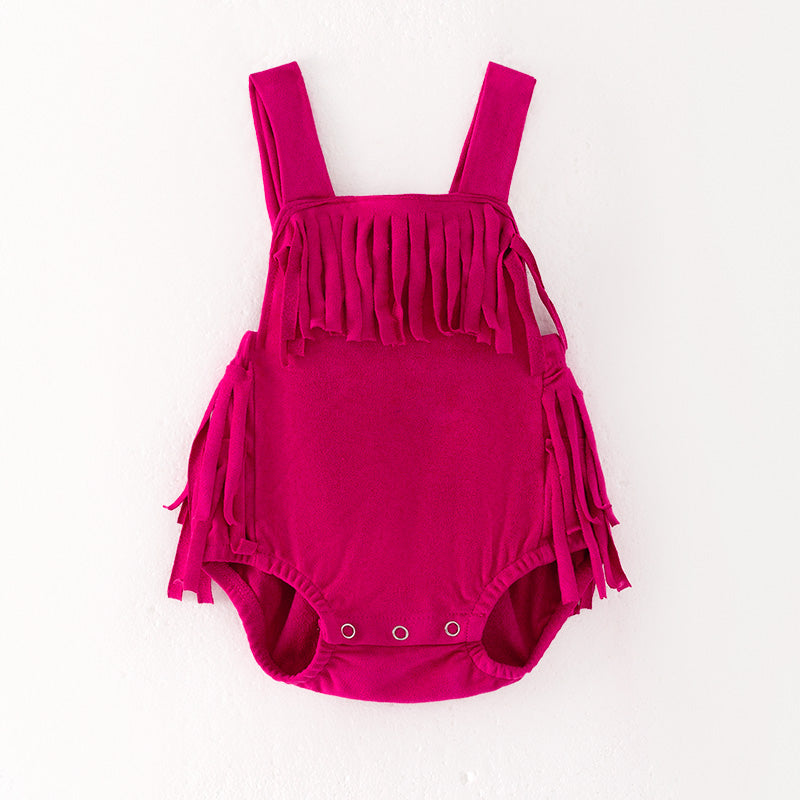 （In Stock）Toddler Girls Spring and Summer Fuchsia Tassels Romper