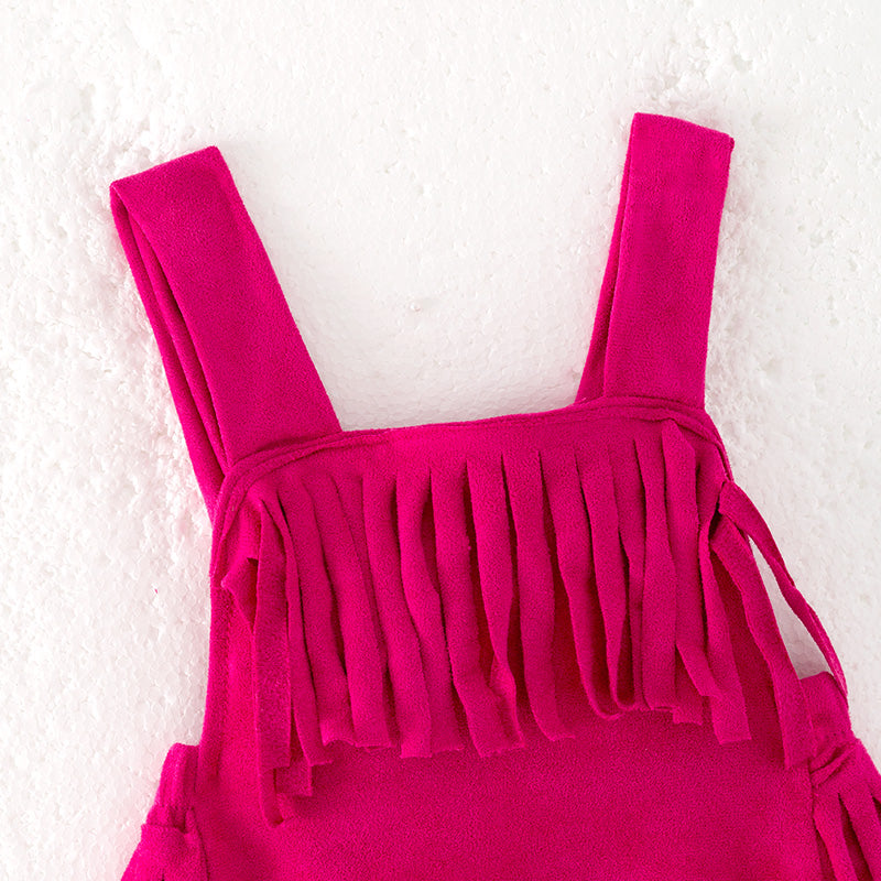 （In Stock）Toddler Girls Spring and Summer Fuchsia Tassels Romper