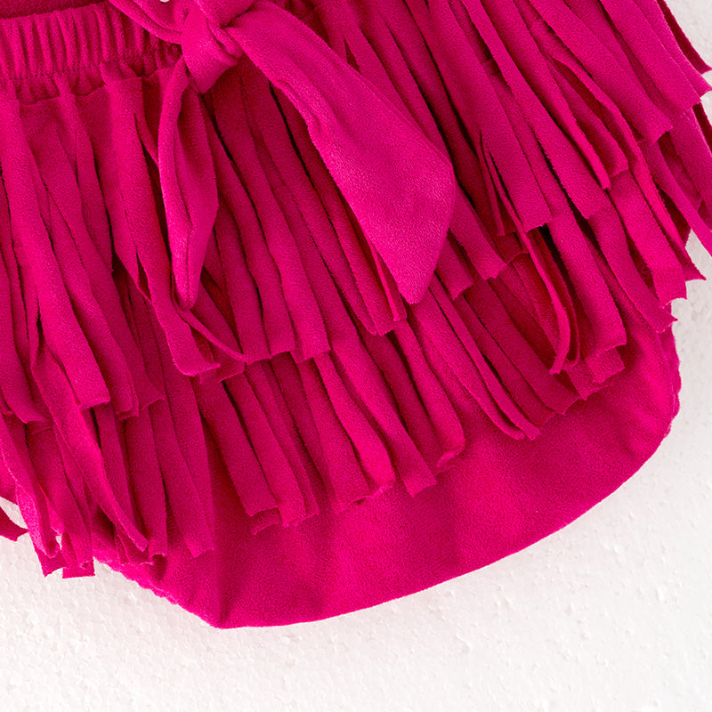 （In Stock）Toddler Girls Spring and Summer Fuchsia Tassels Romper