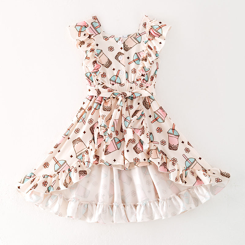 （In Stock）One Pack(5 Pieces total) Sale Girls Spring and Summer Bubble Tea Print Jumpsuit