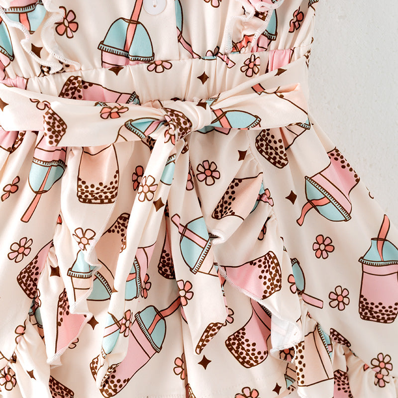 （In Stock）One Pack(5 Pieces total) Sale Girls Spring and Summer Bubble Tea Print Jumpsuit