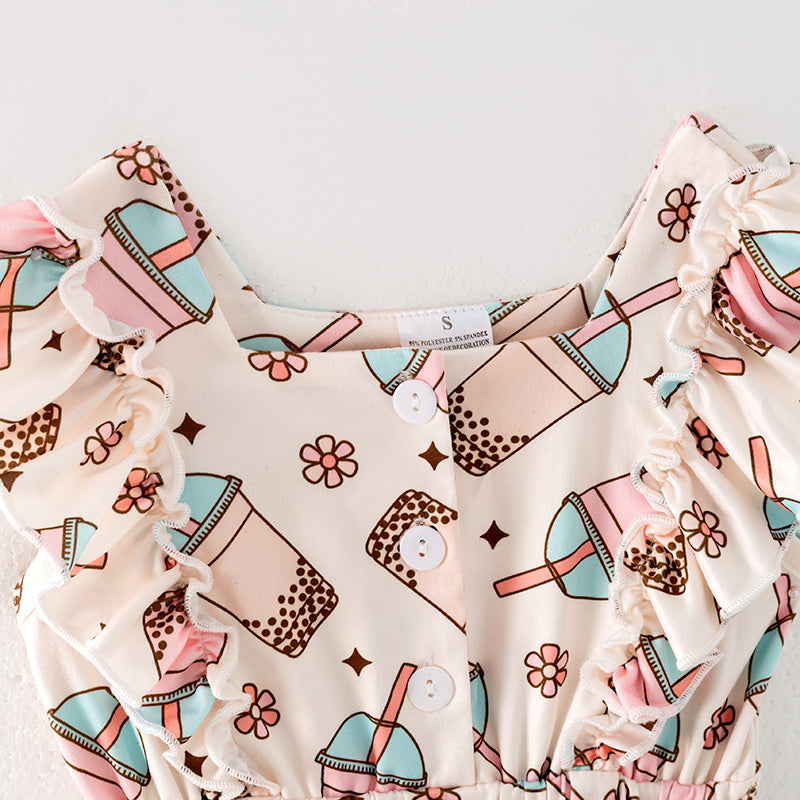 （In Stock）One Pack(5 Pieces total) Sale Girls Spring and Summer Bubble Tea Print Jumpsuit