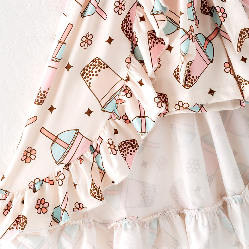 （In Stock）One Pack(5 Pieces total) Sale Girls Spring and Summer Bubble Tea Print Jumpsuit