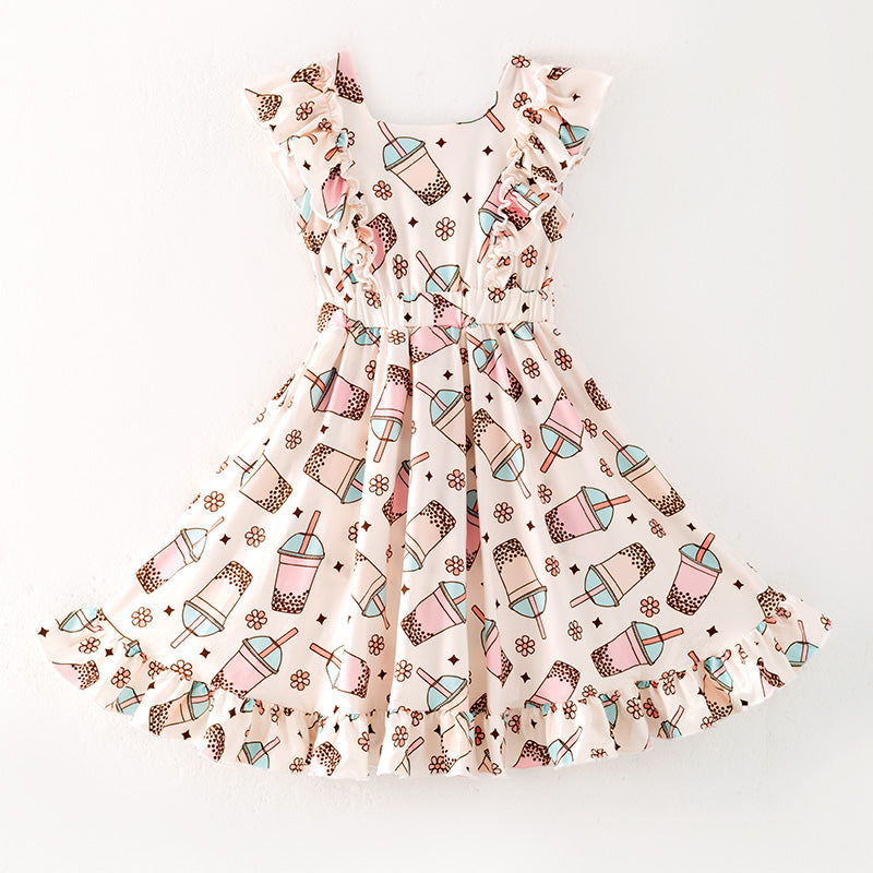 （In Stock）One Pack(5 Pieces total) Sale Girls Spring and Summer Bubble Tea Print Jumpsuit
