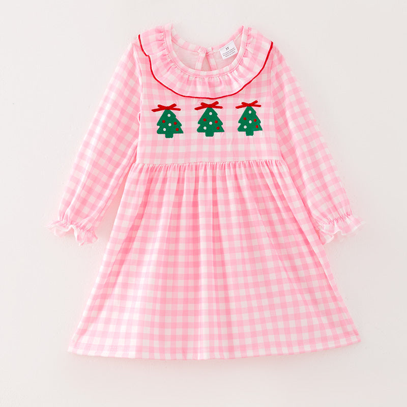 （In Stock L5-1-3）Girls Christmas Tree Embroidery Dress
