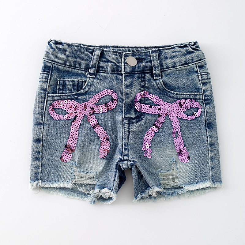 （In Stock）Girls Spring and Summer Bow Sequin Denim Shorts