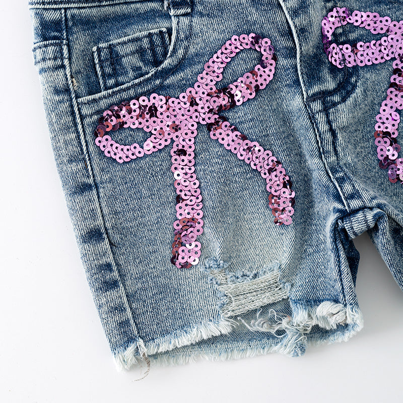 （In Stock）Girls Spring and Summer Bow Sequin Denim Shorts