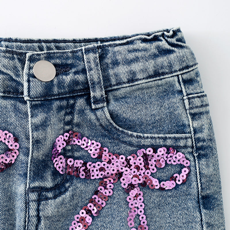 （In Stock）Girls Spring and Summer Bow Sequin Denim Shorts