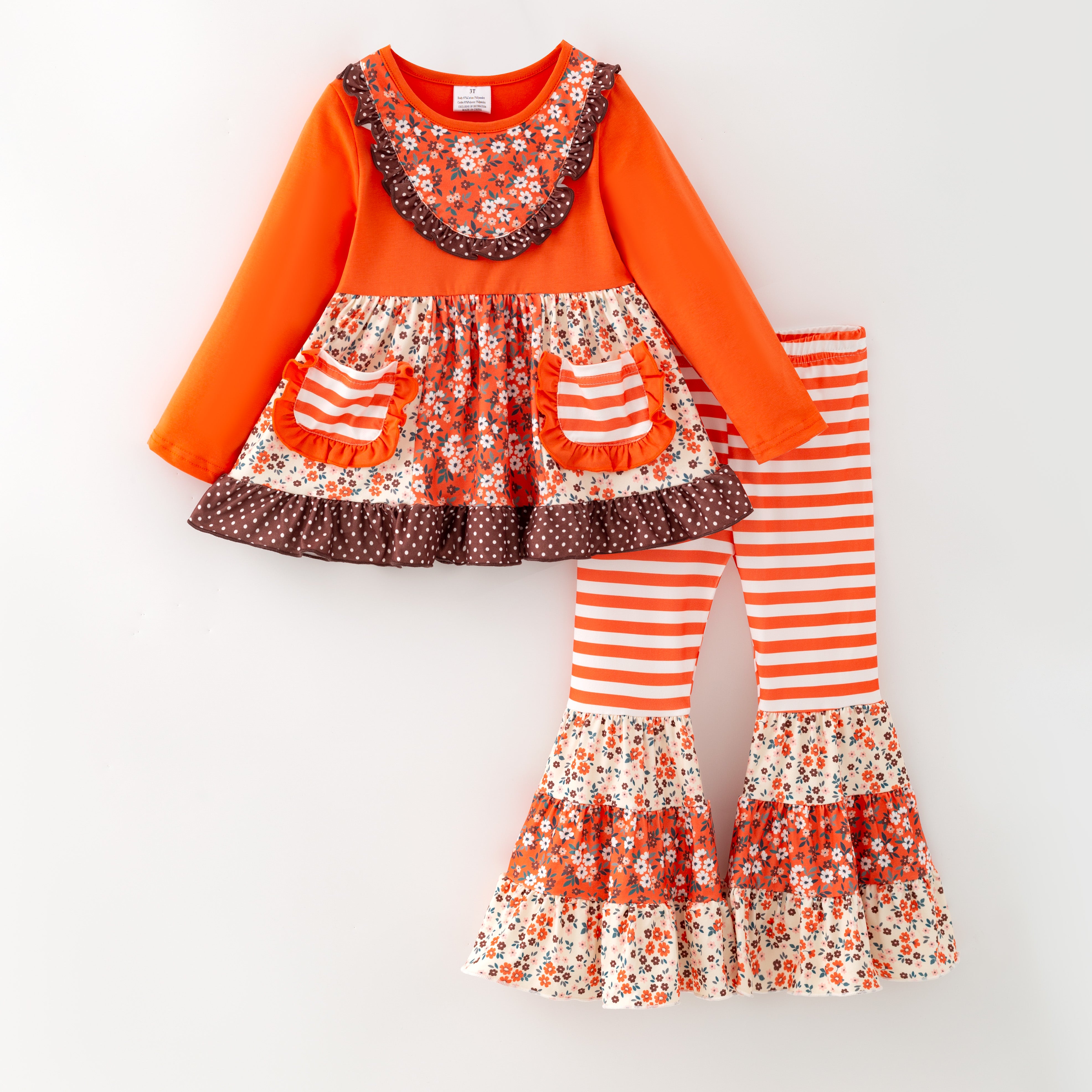 （In Stock）Girls Fall Floral Print Ruffle Outfit Set