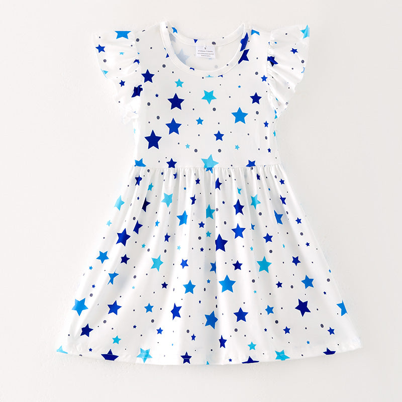 （In Stock）Girls Spring and Summer Blue Star Print Dress