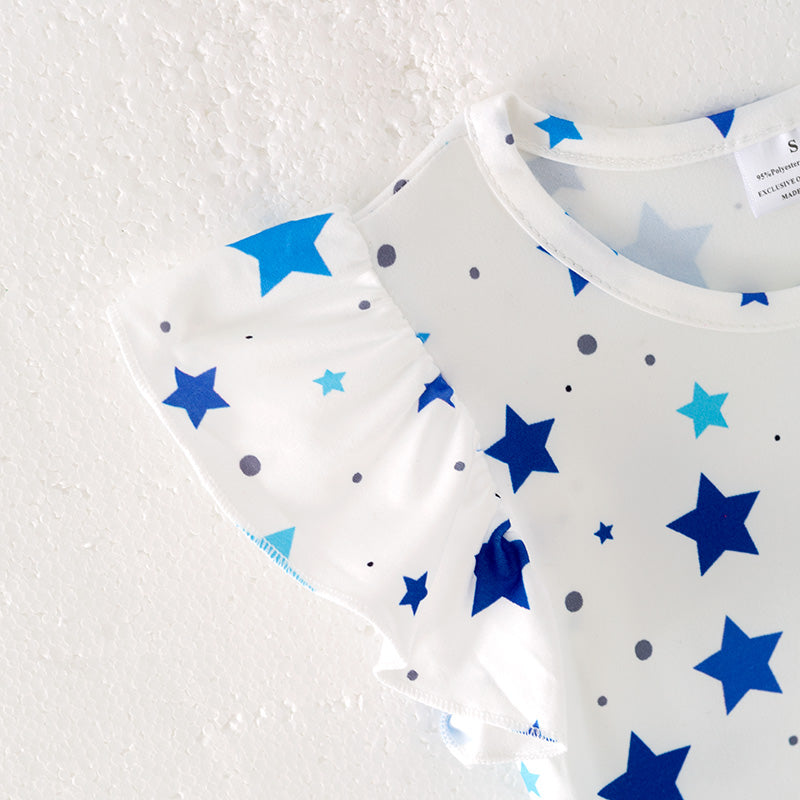 （In Stock）Girls Spring and Summer Blue Star Print Dress