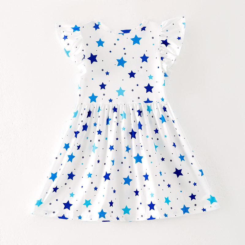 （In Stock）Girls Spring and Summer Blue Star Print Dress