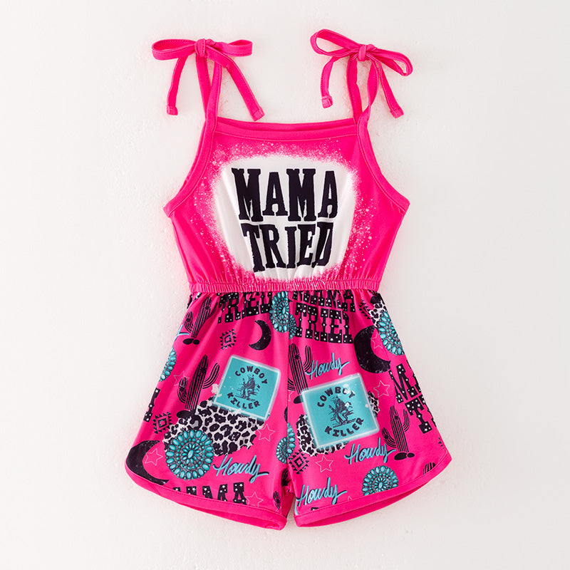 （In Stock）Girls Spring and Summer Hot Pink MAMA TRIED Print Jumpsuit