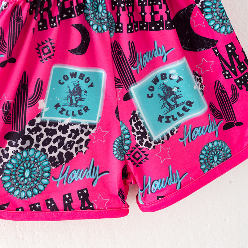 （In Stock）Girls Spring and Summer Hot Pink MAMA TRIED Print Jumpsuit