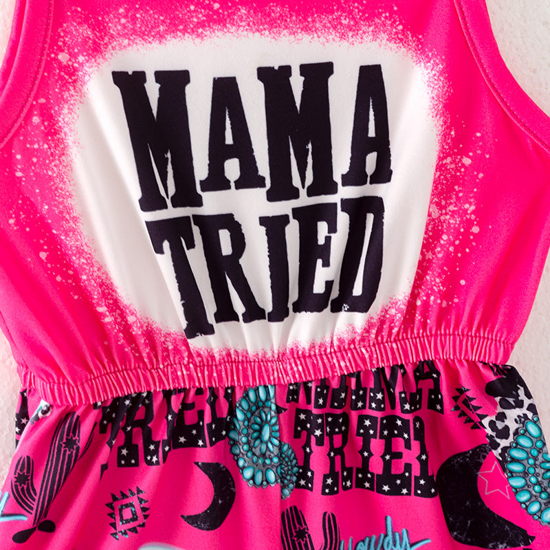 （In Stock）Girls Spring and Summer Hot Pink MAMA TRIED Print Jumpsuit