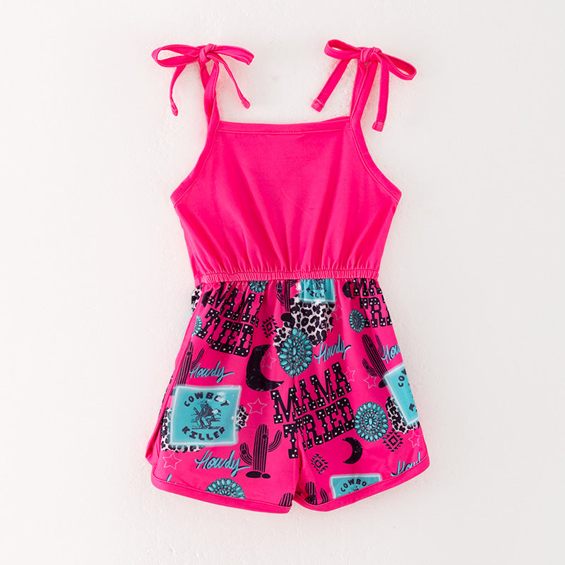 （In Stock）Girls Spring and Summer Hot Pink MAMA TRIED Print Jumpsuit