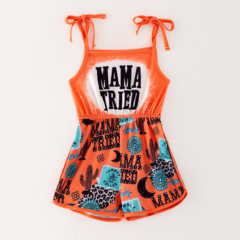 （In Stock）Girls Spring and Summer Orange MAMA TRIED Print Jumpsuit