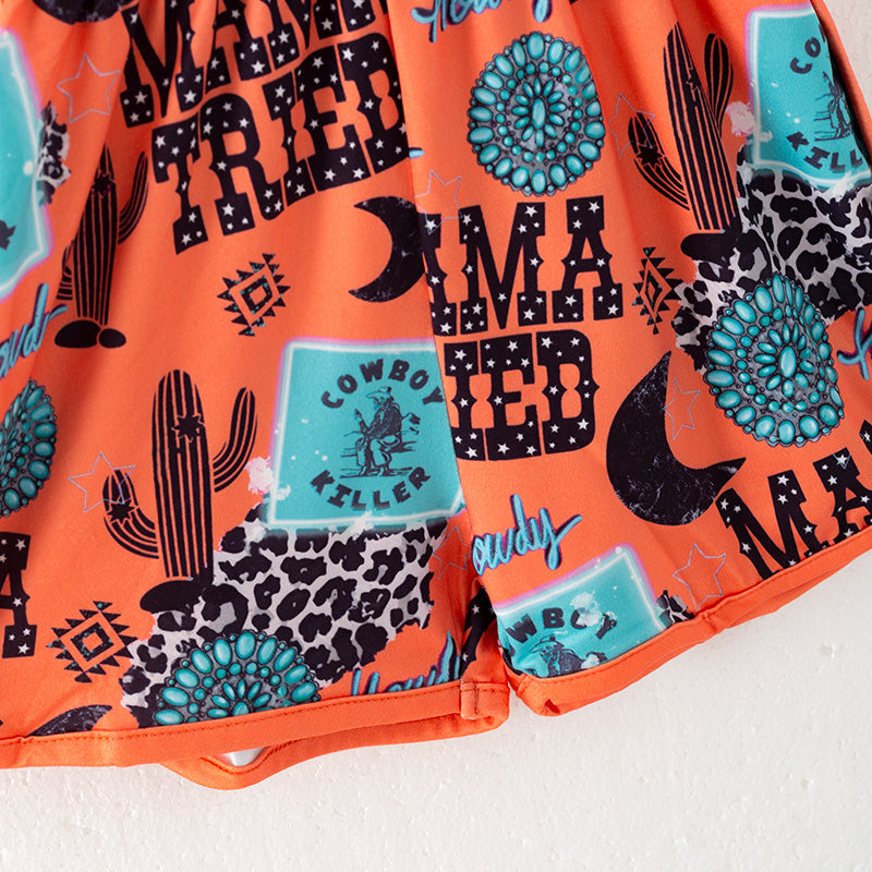 （In Stock）Girls Spring and Summer Orange MAMA TRIED Print Jumpsuit