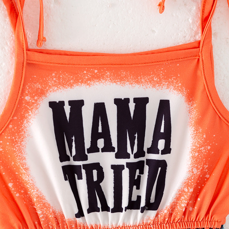 （In Stock）Girls Spring and Summer Orange MAMA TRIED Print Jumpsuit