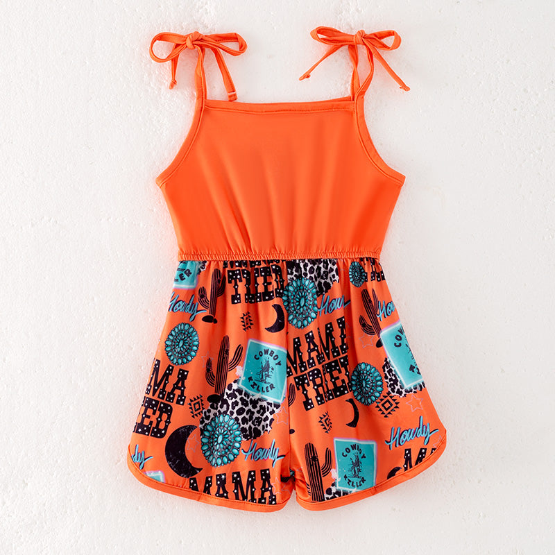 （In Stock）Girls Spring and Summer Orange MAMA TRIED Print Jumpsuit