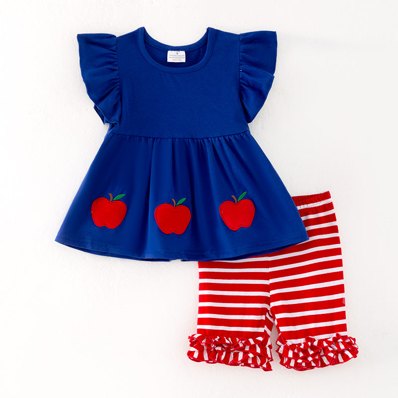 （In Stock）Girls Summer Back To School Applique Cotton Shorts Set