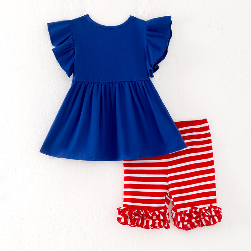 （In Stock）Girls Summer Back To School Applique Cotton Shorts Set