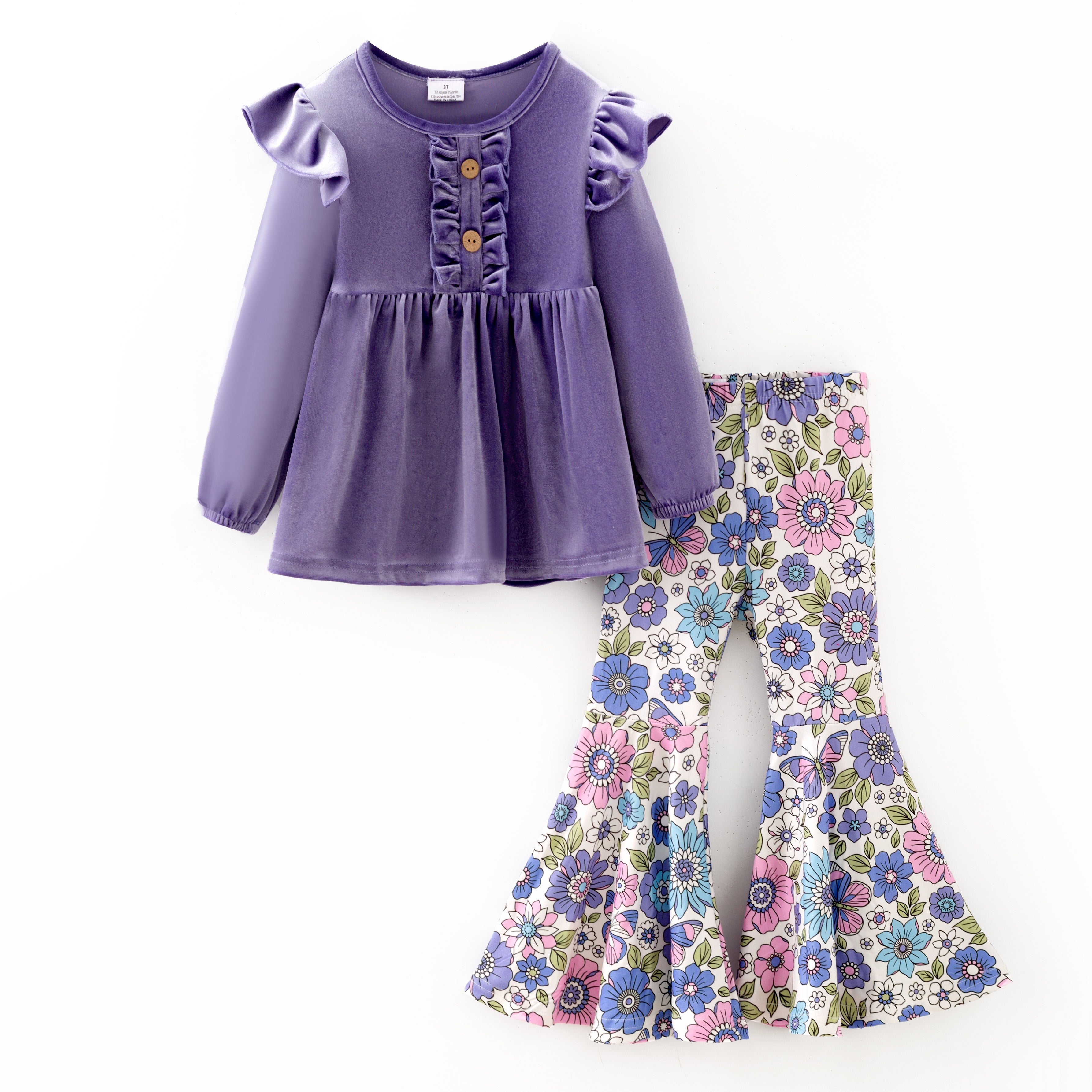 （In Stock）Girls Fall Lavender Velvet Floral Print Outfit Set