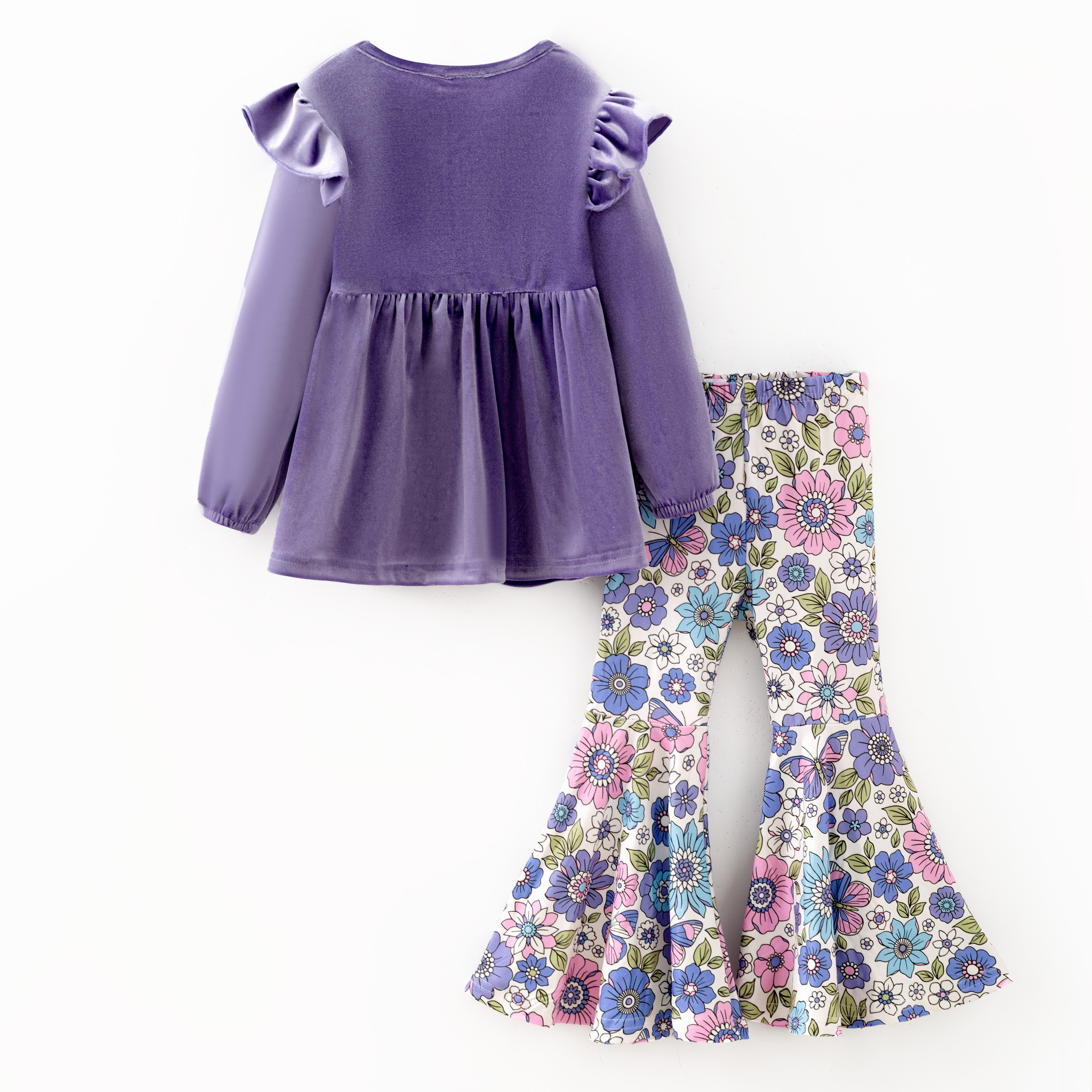 （In Stock）Girls Fall Lavender Velvet Floral Print Outfit Set