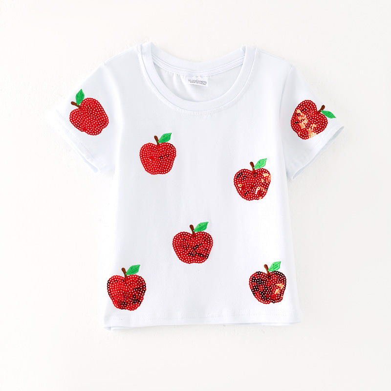 （In Stock）Girls Summer Back To School Apple Sequin Cotton Top