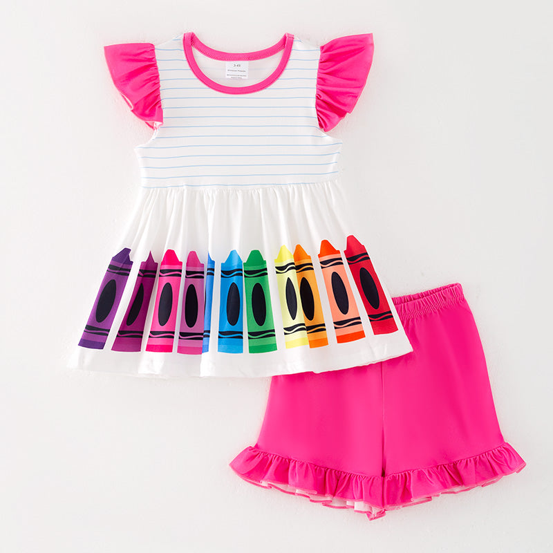 （In Stock）Girls Summer Back To School Crayon Print Shorts Set