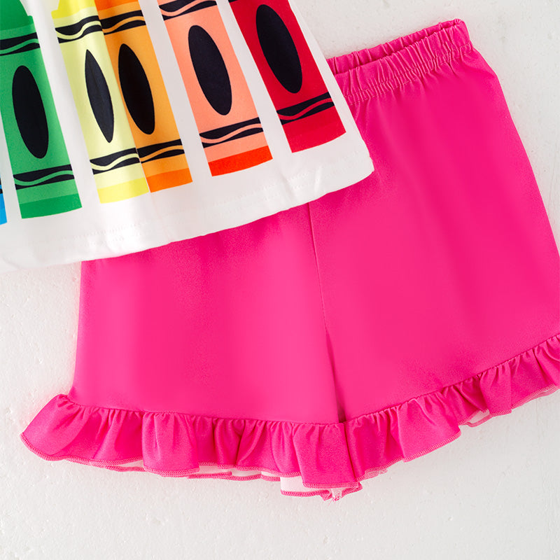 （In Stock）Girls Summer Back To School Crayon Print Shorts Set