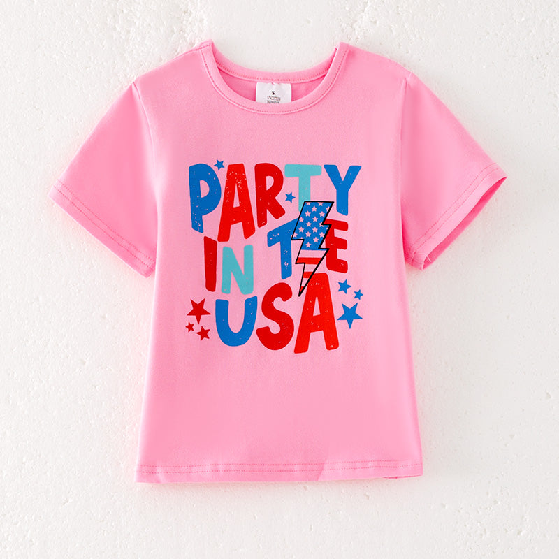 （In Stock）Girls Patriotic Print Pink Cotton Top