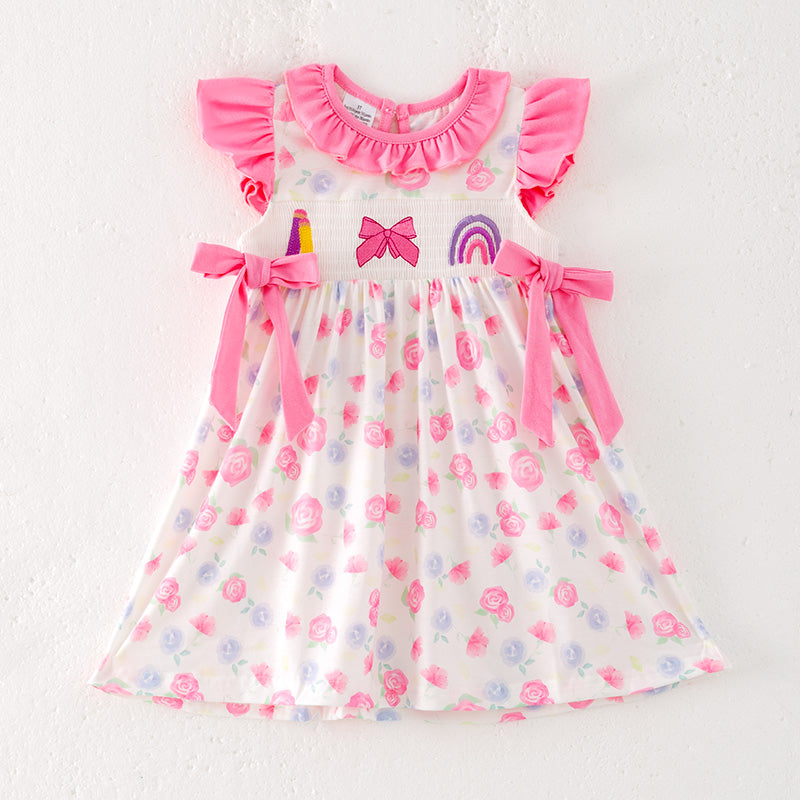 （In Stock）Girls Summer Back To School Embroidery Smocked Dress