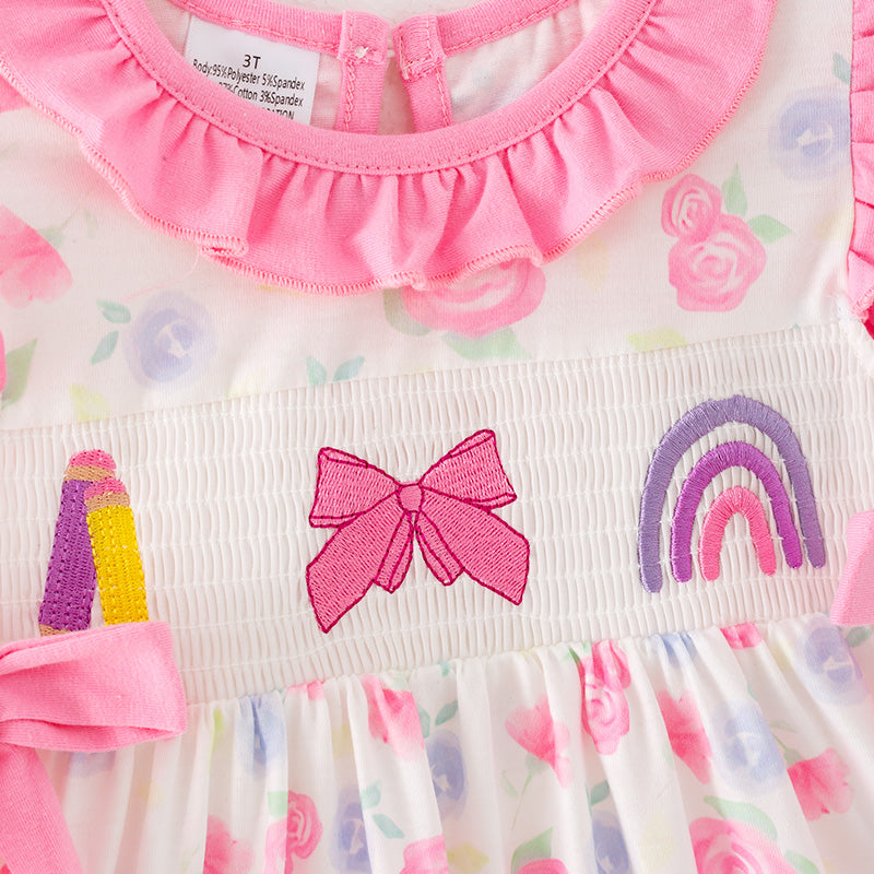 （In Stock）Girls Summer Back To School Embroidery Smocked Dress