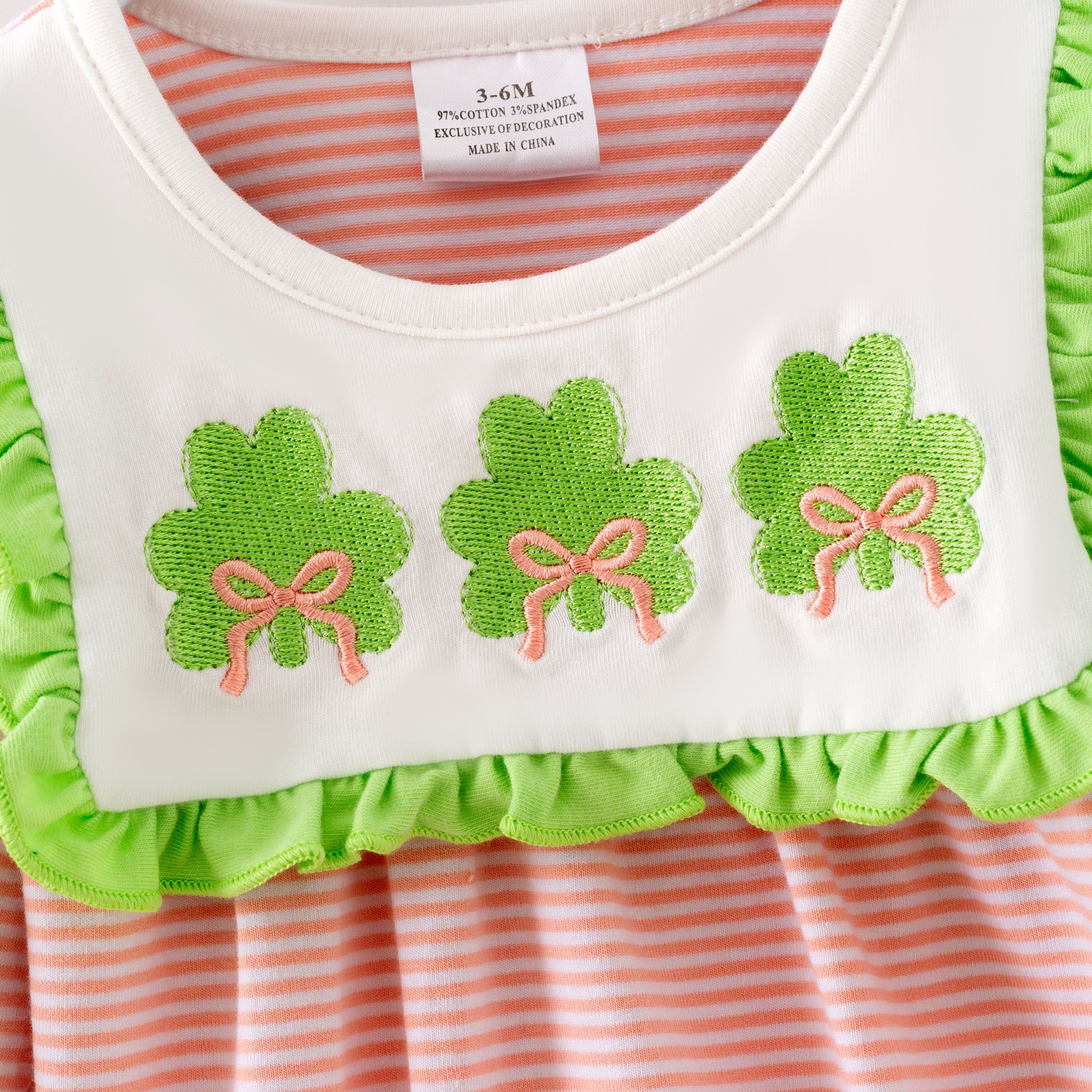 （In Stock）Toddler Girls St. Patrick's Day Shamrock Embroidery Cotton Romper