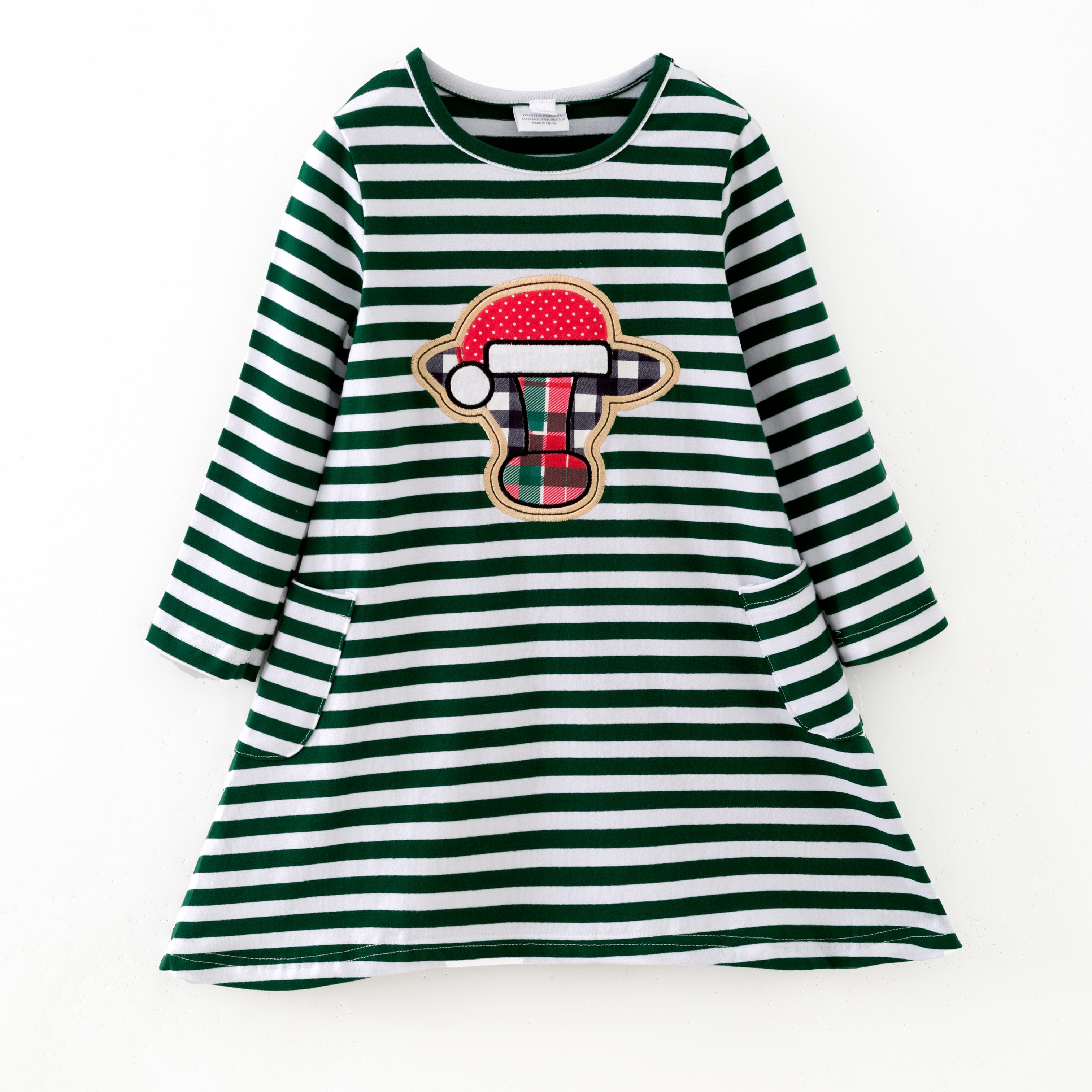 （In Stock）Girls Christmas Applique Cotton Dress with Pockets