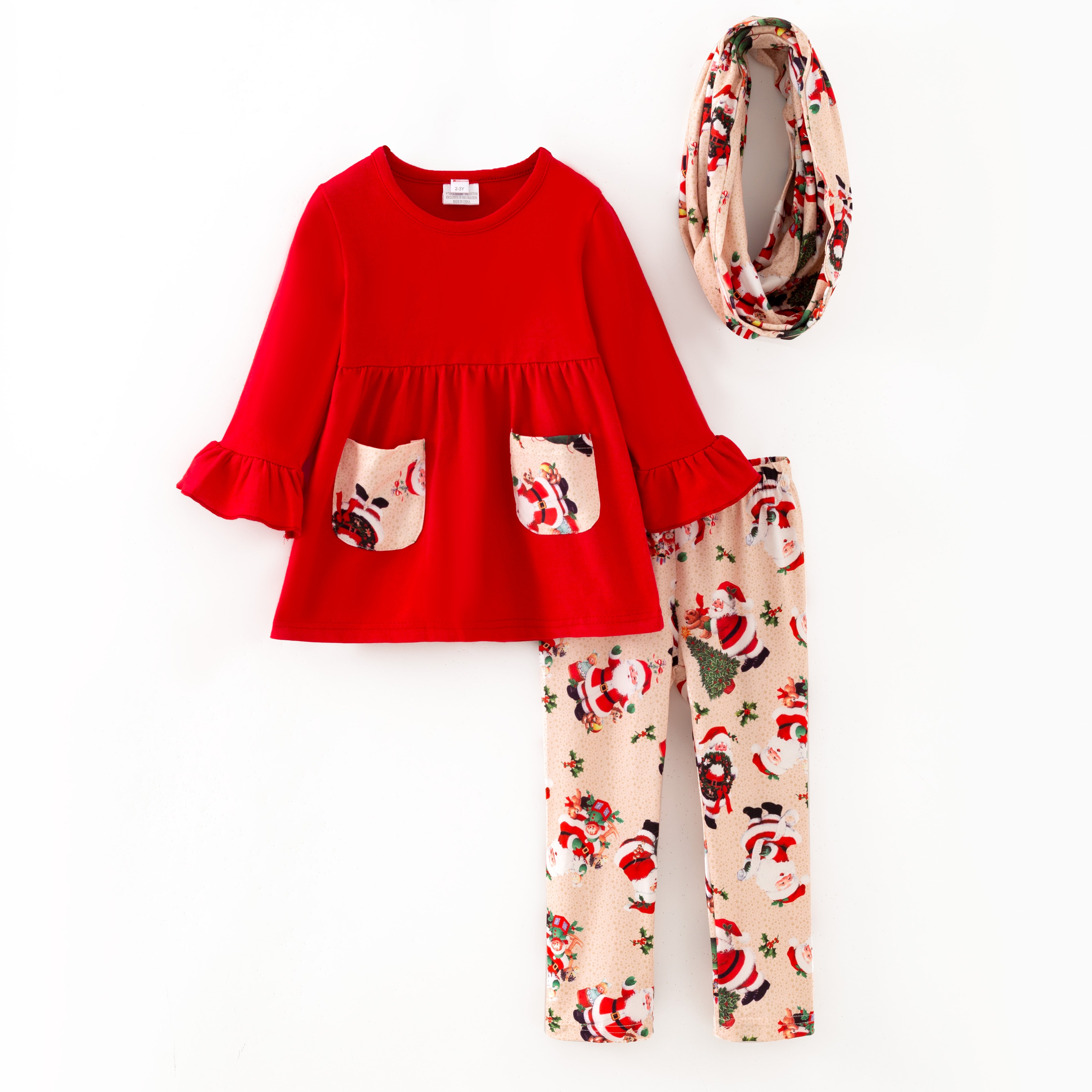 （In Stock）Girls Christmas Print Outfit Set with Scarf