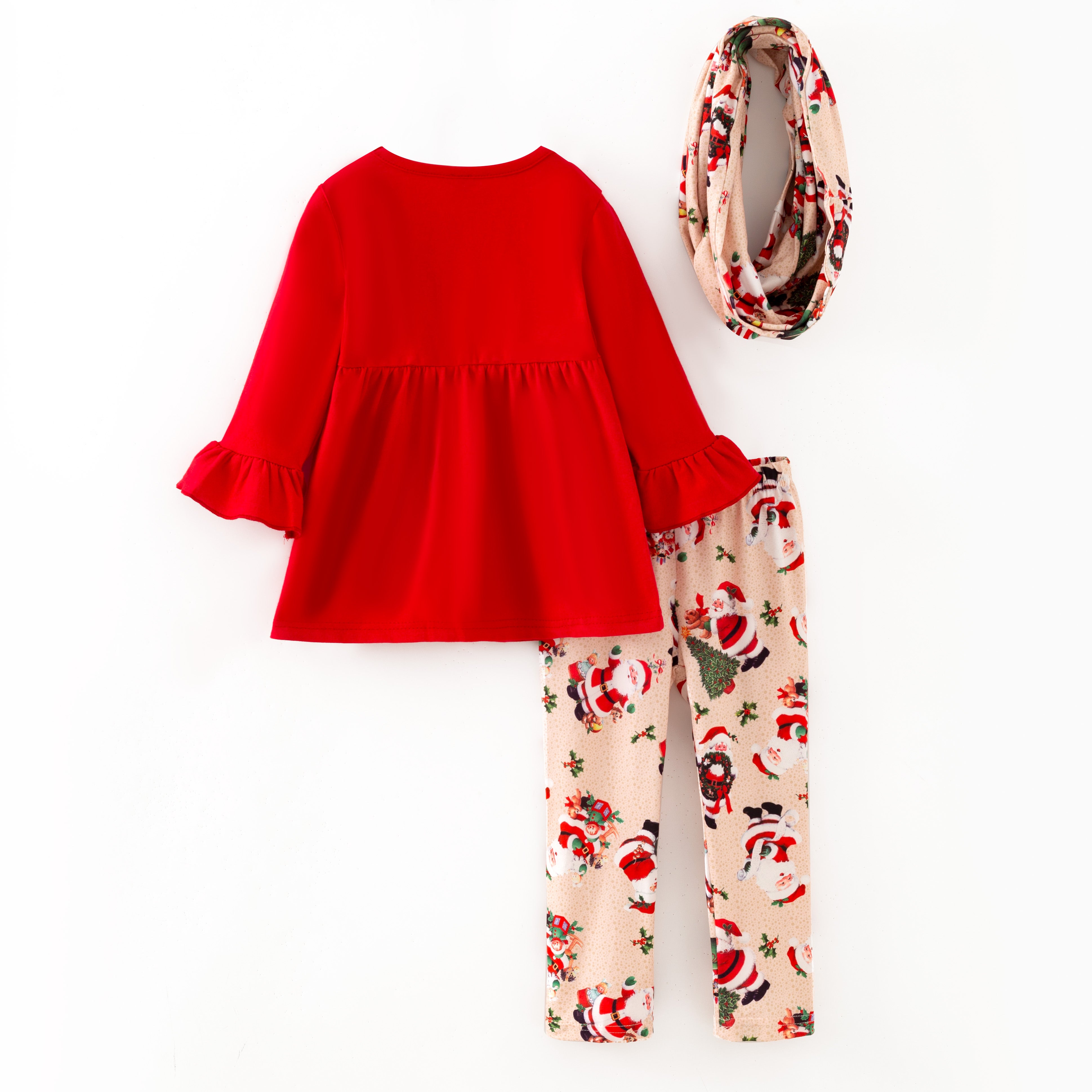 （In Stock）Girls Christmas Print Outfit Set with Scarf