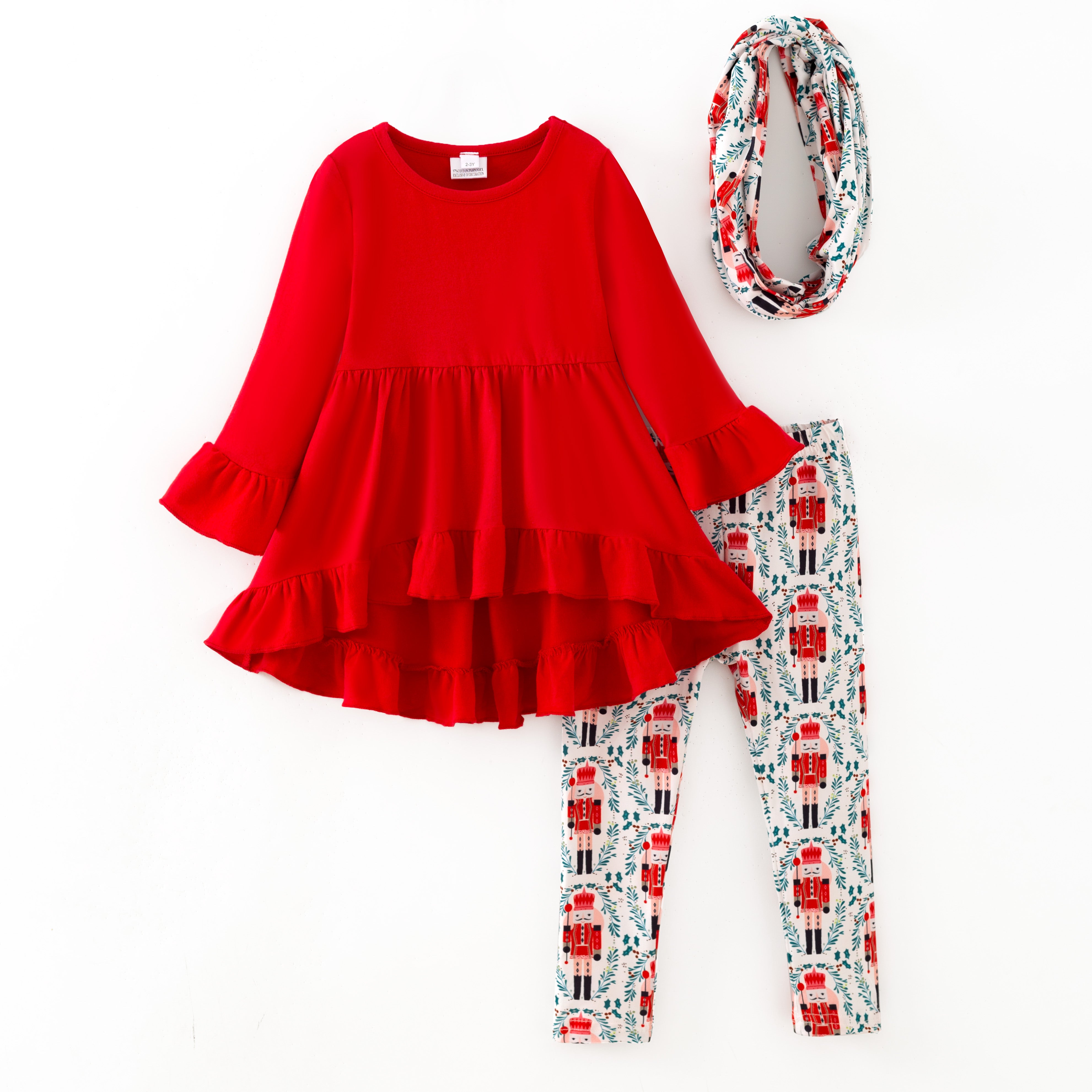 （In Stock）Girls Christmas Nutcracker Print Outfit Set with Scarf