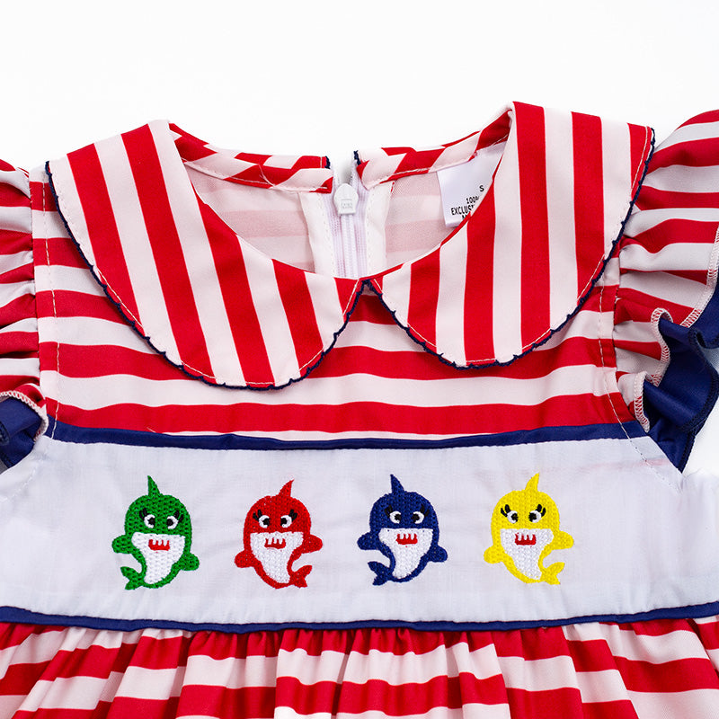 （In Stock）Girls Red Stripe Shark Embroidery Dress